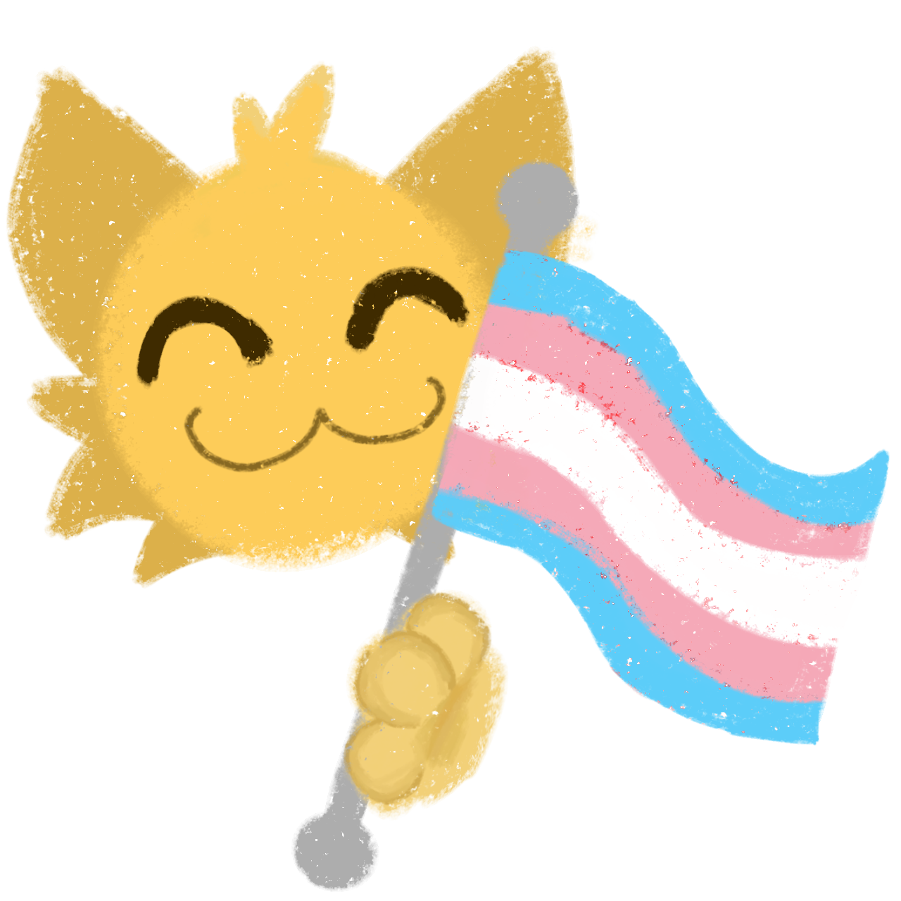 a cute, stylized, yellow cat-like character with a happy expression, holding a trans flag, which includes blue pink and white, mirrored, The cat character has round, simple facial features, and the image has a textured look.